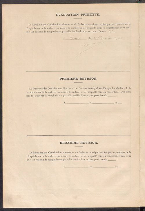 Tableau présentant les augmentations et les diminutions survenues dans la matière imposable ; récapitulation ; table alphabétique des propriétaires ; matrice des propriétés non bâties, fol. 1 à 488.