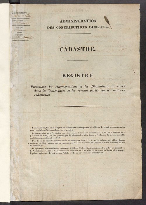 Registre présentant les augmentations et les diminutions survenues dans les contenances et les revenus portés sur les matrices cadastrales, 1840-1914 ; récapitulation des contenances et des revenus imposables, 1839 ; matrice des propriétés foncières, fol.