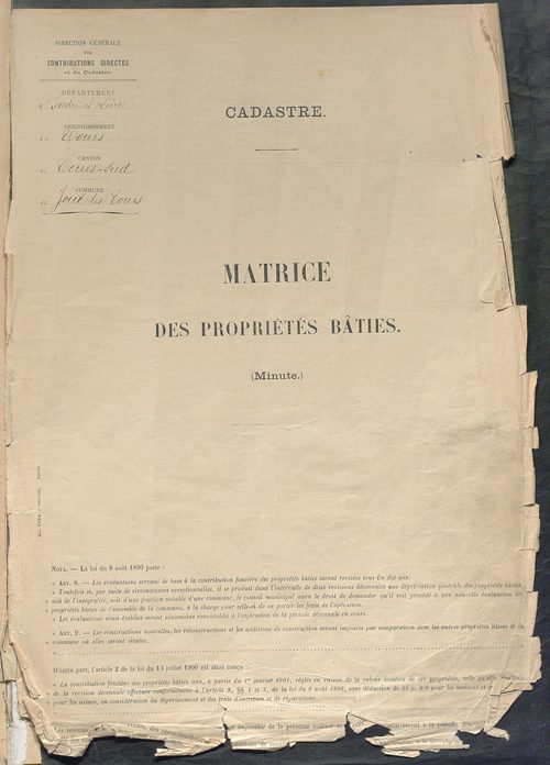 Tableau présentant la valeur locative réelle, le revenu net imposable et le nombre de propriétés bâties ; récapitulation ; table alphabétique des propriétaires ; matrice des propriétés bâties, cases 1 à 624.