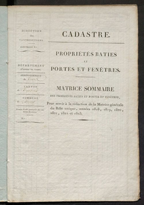 Matrice sommaire des propriétés bâties et portes et fenêtres, pour servir à la rédaction de la matrice générale du rôle unique.