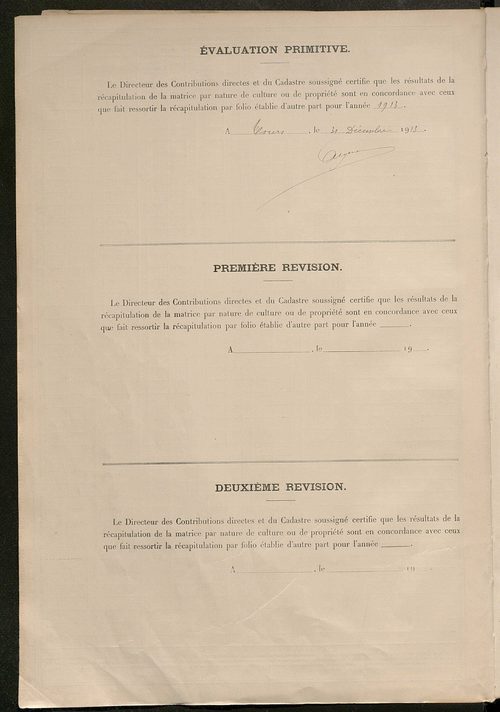 Tableau présentant les augmentations et les diminutions survenues dans la matière imposable ; récapitulation ; table alphabétique des propriétaires ; matrice des propriétés non bâties, fol. 1 à 488.