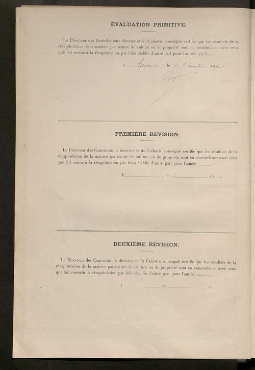 Tableau présentant les augmentations et les diminutions survenues dans la matière imposable ; récapitulation ; table alphabétique des propriétaires ; matrice des propriétés non bâties, fol. 1 à 492.