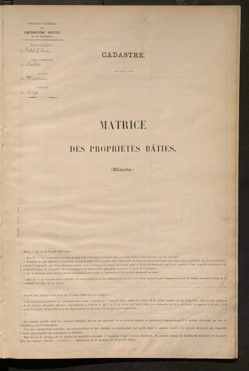 Matrice des propriétés bâties ; récapitulation ; table alphabétique des propriétaires.