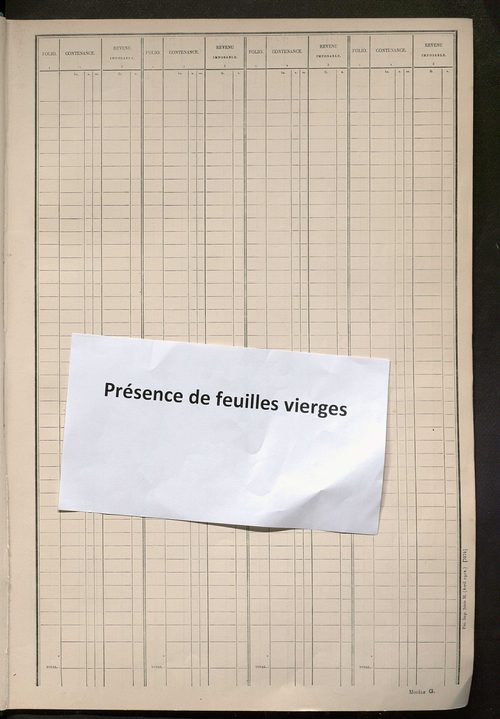 Tableau présentant les augmentations et les diminutions survenues dans la matière imposable ; récapitulation ; table alphabétique des propriétaires ; matrice des propriétés non bâties, fol. 1 à 492.