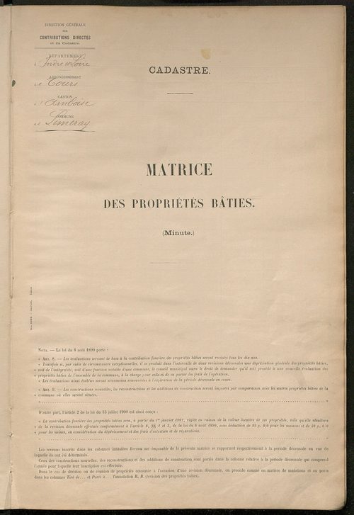 Matrice des propriétés bâties ; récapitulation ; table alphabétique des propriétaires.