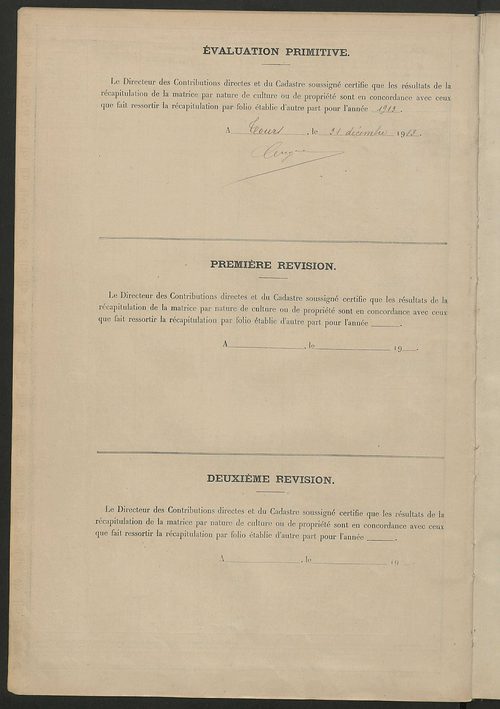 Tableau présentant les augmentations et les diminutions survenues dans la matière imposable ; récapitulation ; table alphabétique des propriétaires ; matrice des propriétés non bâties, fol. 1 à 488.