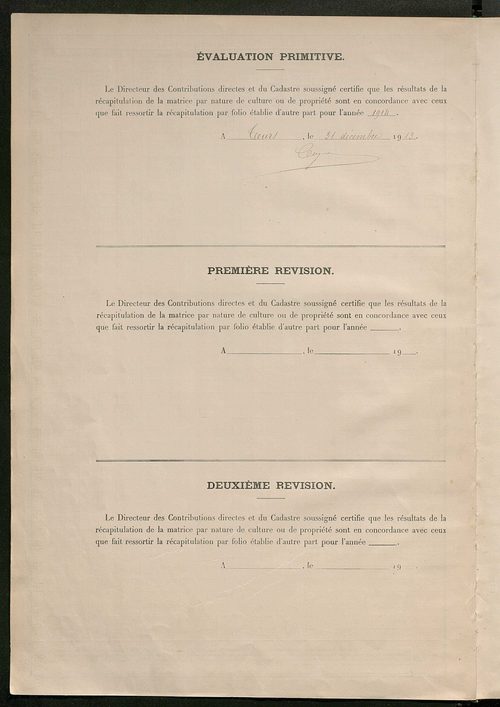 Matrice des propriétés non bâties : tableau présentant les augmentations et les diminutions survenues dans la matière imposable ; récapitulation ; table alphabétique des propriétaires.