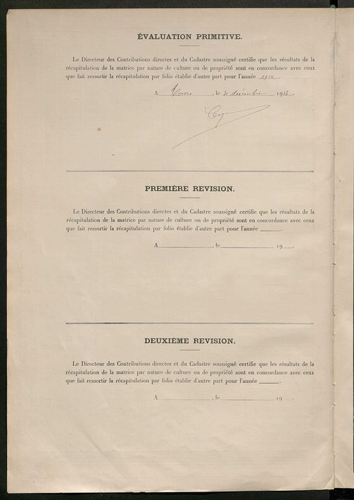 Tableau présentant les augmentations et les diminutions survenues dans la matière imposable ; récapitulation ; table alphabétique des propriétaires ; matrice des propriétés non bâties, fol. 1 à 492.