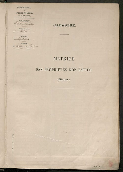 Tableau présentant les augmentations et les diminutions survenues dans la matière imposable ; récapitulation ; table alphabétique des propriétaires ; matrice des propriétés non bâties, fol. 1 à 492.