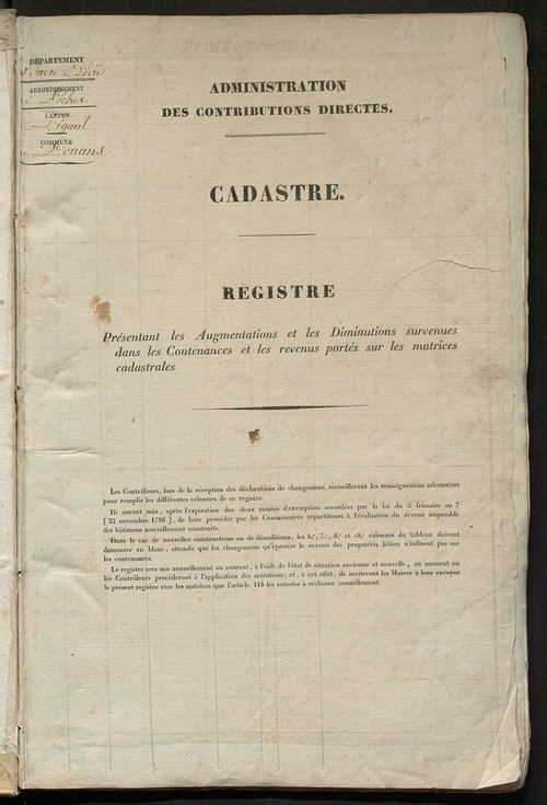 Registre présentant les augmentations et les diminutions survenues dans les contenances et les revenus portés sur les matrices cadastrales, 1836-1914 ; récapitulation des contenances et des revenus imposables, 1834 ; matrice des propriétés foncières, fol.