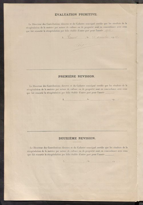 Tableau présentant les augmentations et les diminutions survenues dans la matière imposable ; récapitulation ; table alphabétique des propriétaires ; matrice des propriétés non bâties, fol. 1 à 500.