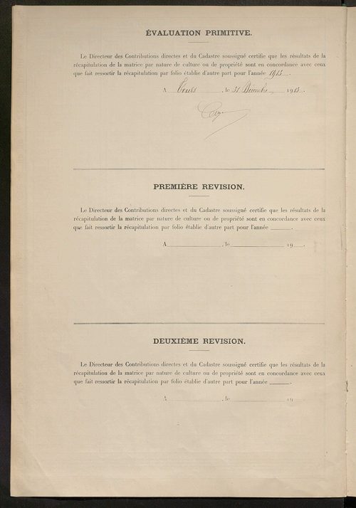 Matrice des propriétés non bâties ; tableau présentant les augmentations et les diminutions survenues dans la matière imposable ; récapitulation ; table alphabétique des propriétaires.