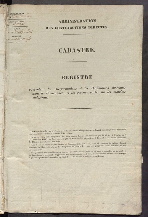 Matrice des propriétés foncières ; registre présentant les augmentations et les diminutions survenues dans les contenances et les revenus portés sur les matrices cadastrales, 1837-1914 ; récapitulation des contenances et des revenus imposables, 1835 ; tab