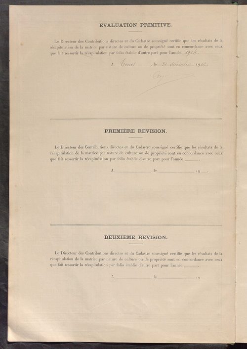 Tableau présentant les augmentations et les diminutions survenues dans la matière imposable ; récapitulation ; table alphabétique des propriétaires ; matrice des propriétés non bâties, fol. 1 à 500.