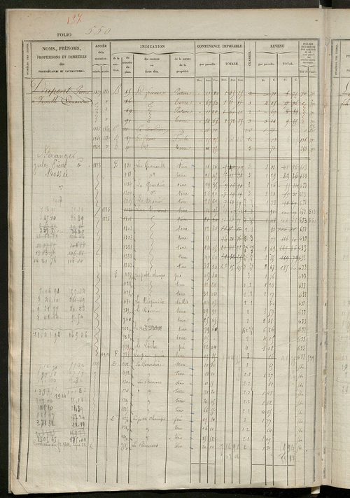 Matrice des propriétés foncières, fol. 541 à 1056 ; récapitulation des contenances et des revenus de la matrice cadastrale, 1834 ; table alphabétique des propriétaires.