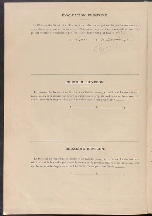 Matrice des propriétés non bâties ; tableau présentant les augmentations et les diminutions survenues dans la matière imposable ; récapitulation ; table alphabétique des propriétaires.