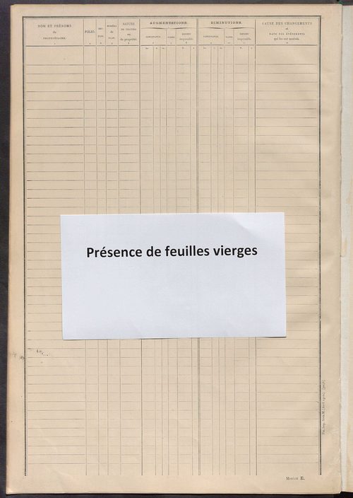 Matrice des propriétés non bâties ; tableau présentant les augmentations et les diminutions survenues dans la matière imposable ; récapitulation ; table alphabétique des propriétaires.