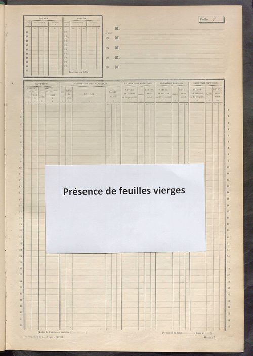 Matrice des propriétés non bâties ; tableau présentant les augmentations et les diminutions survenues dans la matière imposable ; récapitulation ; table alphabétique des propriétaires.