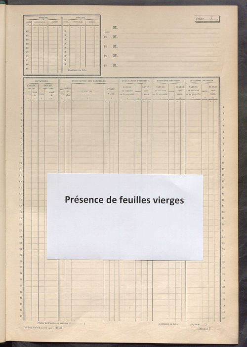 Matrice des propriétés non bâties ; tableau présentant les augmentations et les diminutions survenues dans la matière imposable ; récapitulation ; table alphabétique des propriétaires.