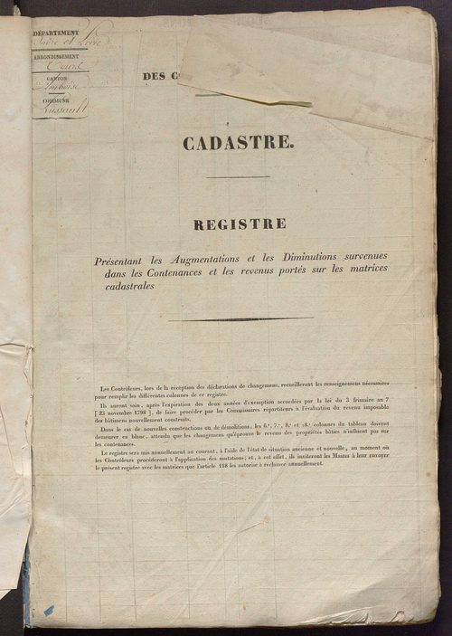 Registre présentant les augmentations et les diminutions survenues dans les contenances et les revenus portés sur les matrices cadastrales, 1825-1914 ; récapitulation des contenances et des revenus imposables, 1823 ; matrice des propriétés foncières, fol.