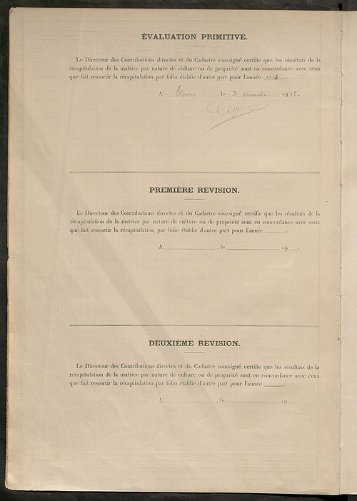 Tableau présentant les augmentations et les diminutions survenues dans la matière imposable ; récapitulation ; table alphabétique des propriétaires ; matrice des propriétés non bâties, fol. 1 à 496.