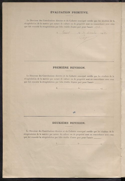 Matrice des propriétés non bâties : tableau présentant les augmentations et les diminutions survenues dans la matière imposable ; récapitulation ; table alphabétique des propriétaires.