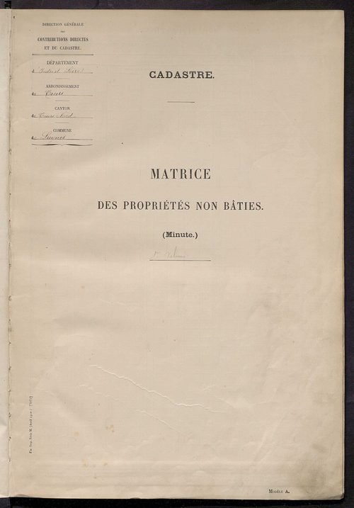 Matrice des propriétés non bâties : tableau présentant les augmentations et les diminutions survenues dans la matière imposable ; récapitulation ; table alphabétique des propriétaires.