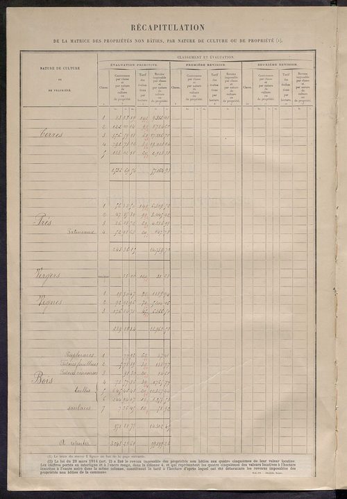Matrice des propriétés non bâties : tableau présentant les augmentations et les diminutions survenues dans la matière imposable ; récapitulation ; table alphabétique des propriétaires.