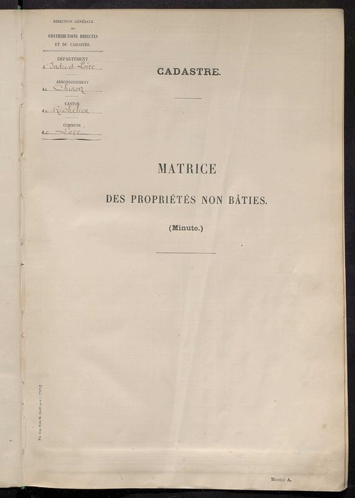 Tableau présentant les augmentations et les diminutions survenues dans la matière imposable ; récapitulation ; table alphabétique des propriétaires ; matrice des propriétés non bâties, fol. 1 à 464.