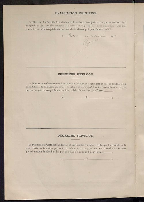 Tableau présentant les augmentations et les diminutions survenues dans la matière imposable ; récapitulation ; table alphabétique des propriétaires ; matrice des propriétés non bâties, fol. 1 à 464.