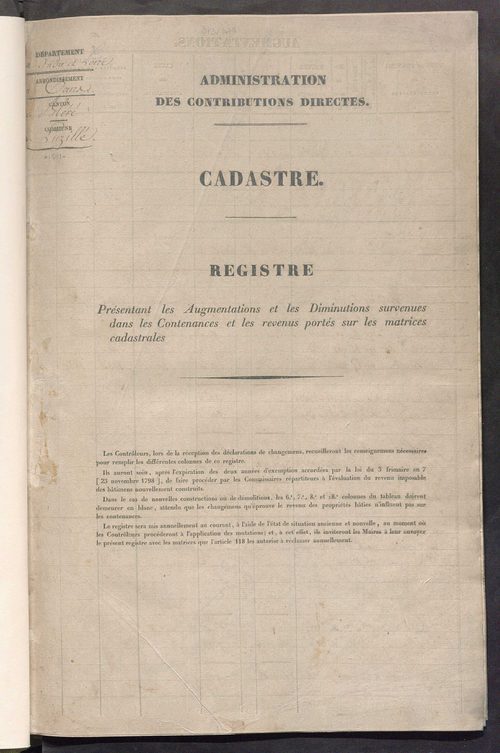 Registre présentant les augmentations et les diminutions survenues dans les contenances et les revenus portés sur les matrices cadastrales, 1829-1913 ; récapitulation des contenances et des revenus imposables, 1827 ; matrice des propriétés foncières, fol.