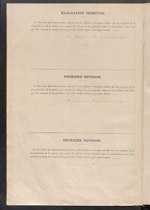 Tableau présentant les augmentations et les diminutions survenues dans la matière imposable ; récapitulation ; table alphabétique des propriétaires ; matrice des propriétés non bâties, fol. 1 à 492.