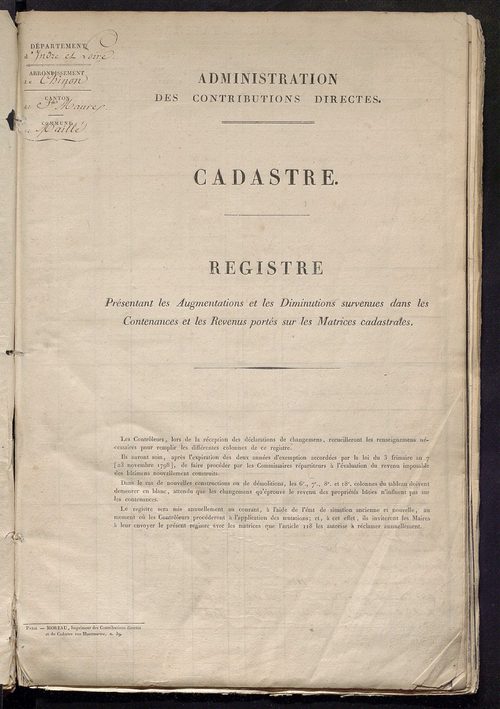 Registre présentant les augmentations et les diminutions survenues dans les contenances et les revenus portés sur les matrices cadastrales, 1831-1914 ; récapitulation des contenances et des revenus imposables, 1828 ; matrice des propriétés foncières, fol.