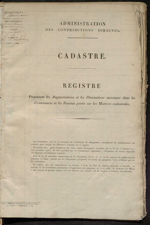 Récapitulation des contenances et des revenus imposables, 1828 ; registre présentant les augmentations et les diminutions survenues dans les contenances et les revenus portés sur les matrices cadastrales, 1830-1887; matrice des propriétés foncières, fol. 