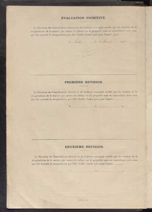 Tableau présentant les augmentations et les diminutions survenues dans la matière imposable ; récapitulation ; table alphabétique des propriétaires ; matrice des propriétés non bâties, fol. 1 à 500.