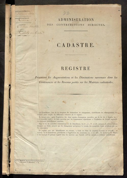 Registre présentant les augmentations et les diminutions survenues dans les contenances et les revenus portés sur les matrices cadastrales, 1829-1914 ; récapitulation des contenances et des revenus imposables, 1822 ; matrice des propriétés foncières, fol.