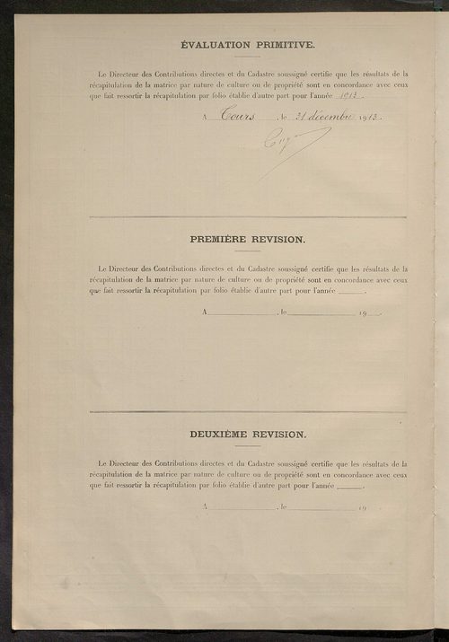 Matrice des propriétés non bâties ; tableau présentant les augmentations et les diminutions survenues dans la matière imposable ; récapitulation ; table alphabétique des propriétaires.