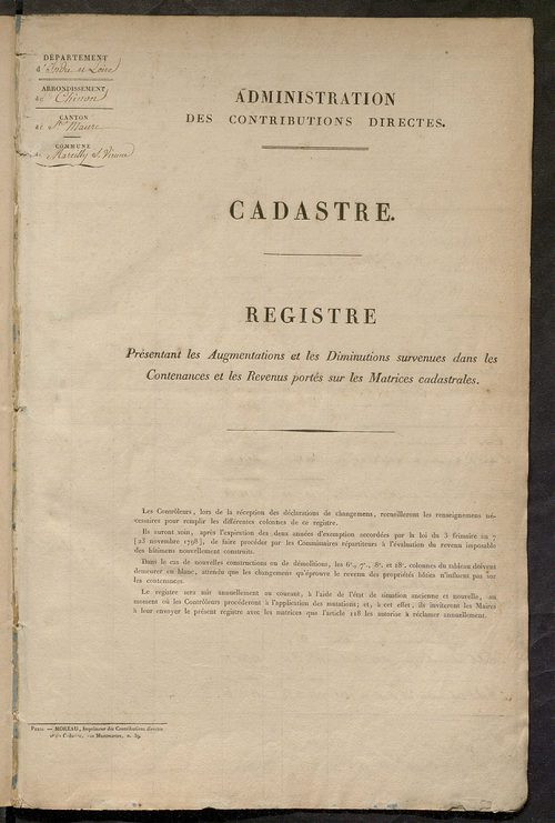 Registre présentant les augmentations et les diminutions survenues dans les contenances et les revenus portés sur les matrices cadastrales, 1829-1914 ; récapitulation des contenances et des revenus imposables, 1828 ; matrice des propriétés foncières, fol.