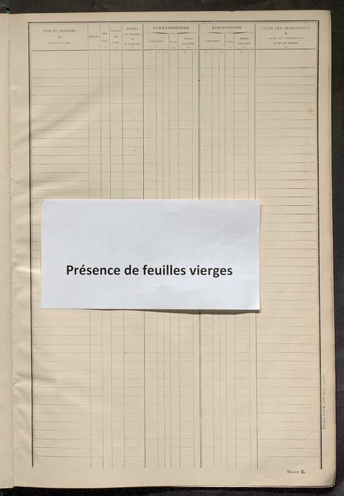 Matrice des propriétés non bâties ; tableau présentant les augmentations et les diminutions survenues dans la matière imposable ; récapitulation ; table alphabétique des propriétaires.