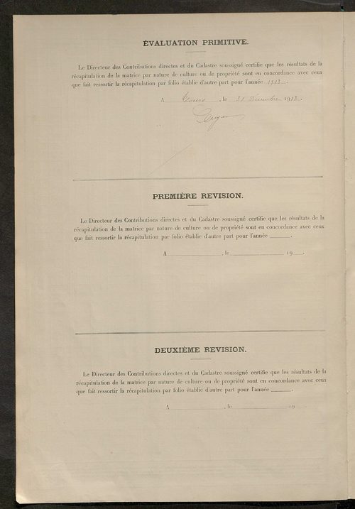 Matrice des propriétés non bâties ; tableau présentant les augmentations et les diminutions survenues dans la matière imposable ; récapitulation ; table alphabétique des propriétaires.