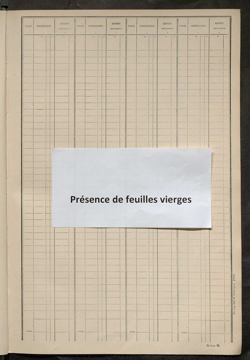 Matrice des propriétés non bâties ; tableau présentant les augmentations et les diminutions survenues dans la matière imposable ; récapitulation ; table alphabétique des propriétaires.