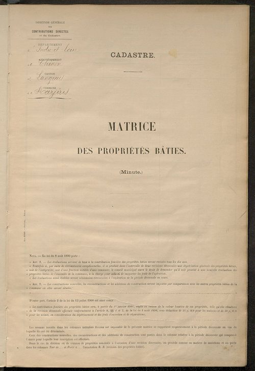 Matrice des propriétés bâties ; récapitulation ; table alphabétique des propriétaires.