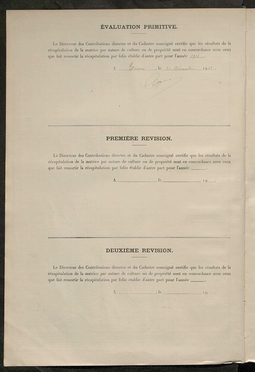 Tableau présentant les augmentations et les diminutions survenues dans la matière imposable ; récapitulation ; table alphabétique des propriétaires ; matrice des propriétés non bâties, fol. 1 à 492.