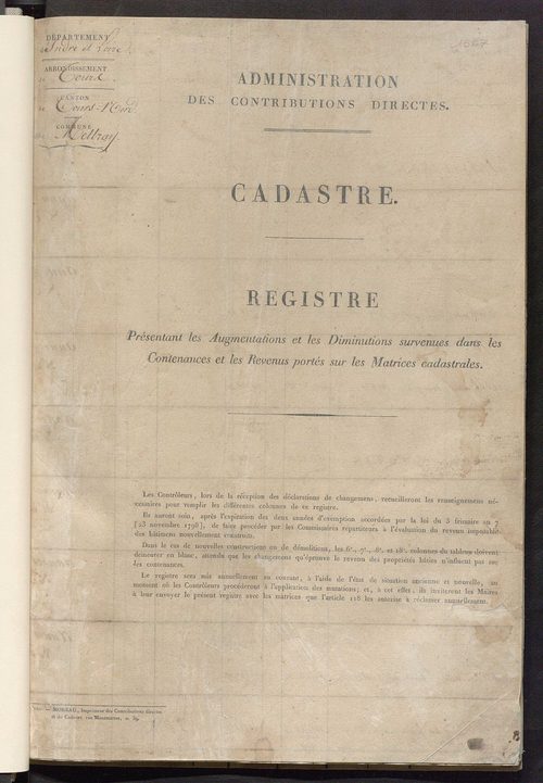 Registre présentant les augmentations et les diminutions survenues dans les contenances et les revenus portés sur les matrices cadastrales, 1825-1914 ; récapitulation des contenances et des revenus imposables, 1823 ; matrice des propriétés foncières, fol.