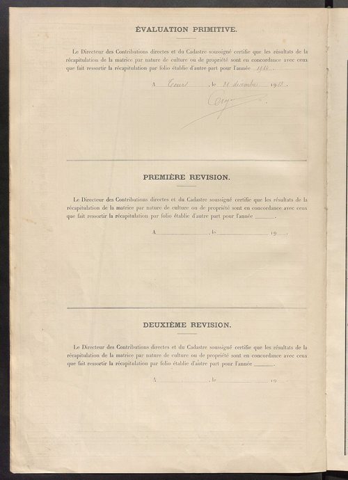 Tableau présentant les augmentations et les diminutions survenues dans la matière imposable ; récapitulation ; table alphabétique des propriétaires ; matrice des propriétés non bâties, fol. 1 à 488.