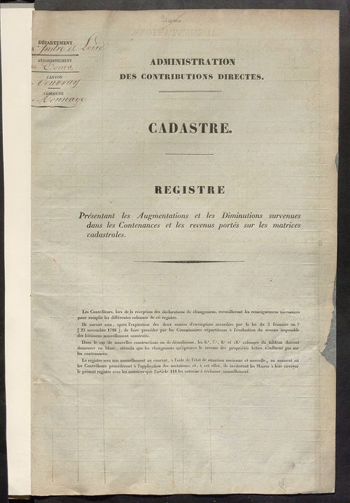 Registre présentant les augmentations et les diminutions survenues dans les contenances et les revenus portés sur les matrices cadastrales, 1827-1914 ; récapitulation des contenances et des revenus imposables, 1825 ; matrice des propriétés foncières, fol.