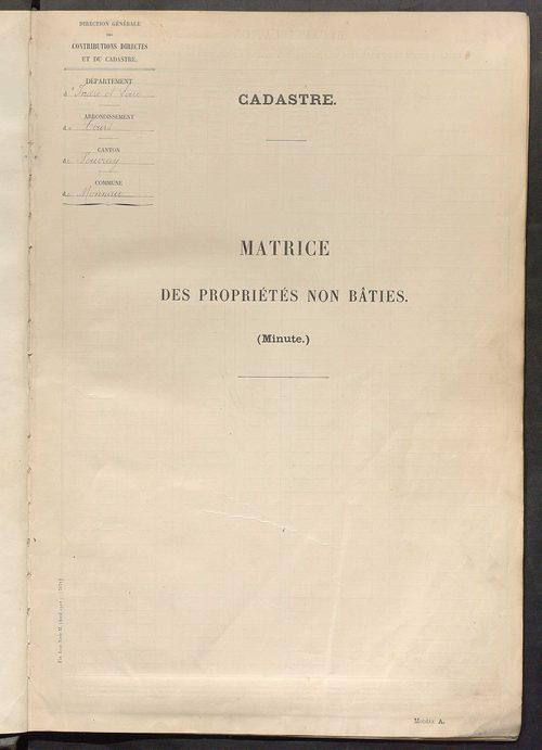 Tableau présentant les augmentations et les diminutions survenues dans la matière imposable ; récapitulation ; table alphabétique des propriétaires ; matrice des propriétés non bâties, fol. 1 à 488.