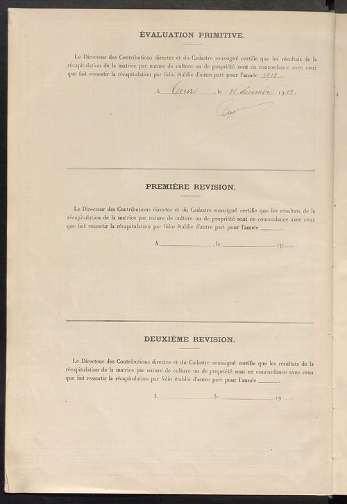 Tableau présentant les augmentations et les diminutions survenues dans la matière imposable ; récapitulation ; table alphabétique des propriétaires ; matrice des propriétés non bâties, fol. 1 à 492.