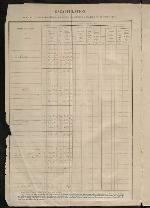 Matrice des propriétés non bâties : tableau présentant les augmentations et les diminutions survenues dans la matière imposable ; récapitulation ; table alphabétique des propriétaires.