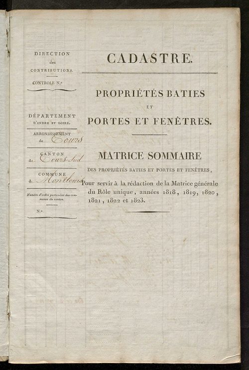 Matrice sommaire des propriétés bâties et portes et fenêtres, pour servir à la rédaction de la matrice générale du rôle unique.